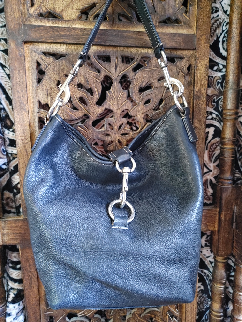 AEROSOLES Heavy Black Leather Hobo with Silver Ring Accent